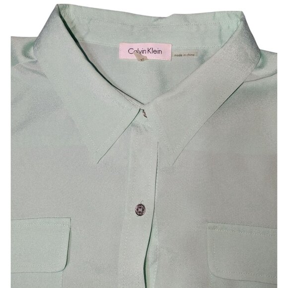 Calvin Klein Women's Mint Green Button-Up Blouse Roll Tab Sleeve Chest Pocket XL - Picture 4 of 12
